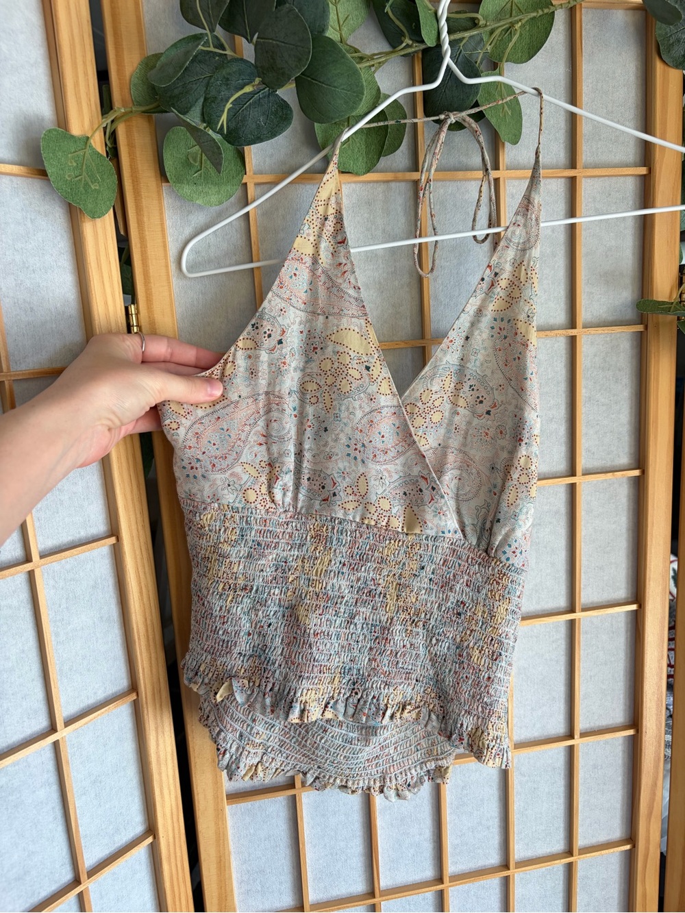 Smocked Paisley Halter Cami Top - Light Beige